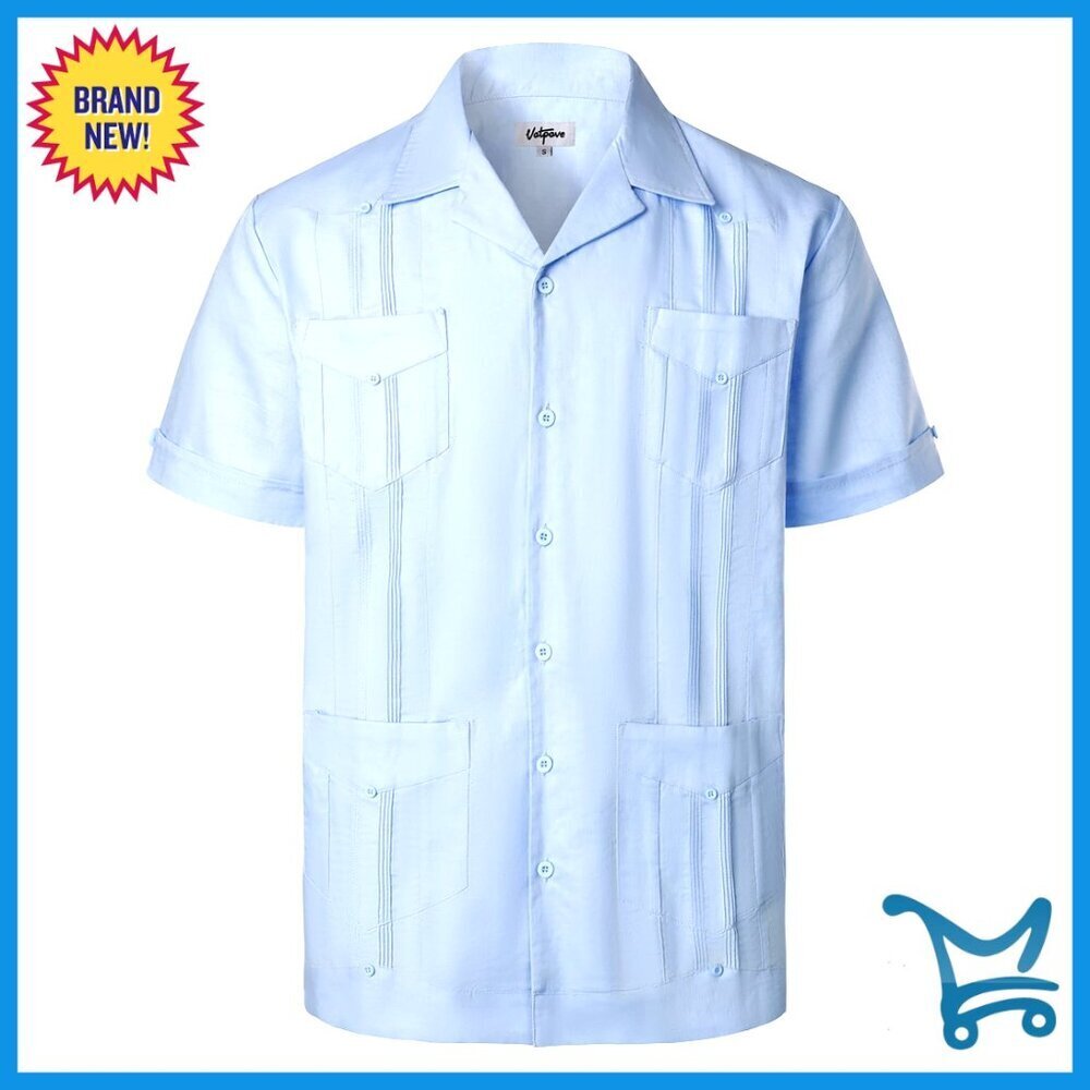 Men's Linen Cotton Blend Cuban Guayabera Short Sleeve Button Down Shirt